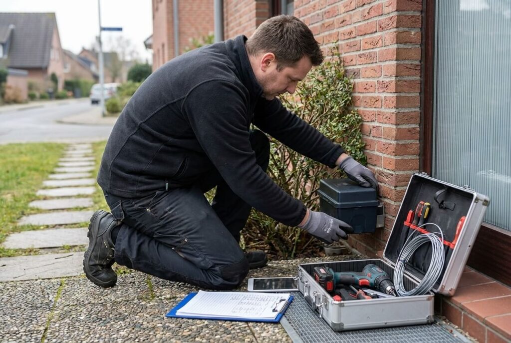 Techniker führt einen Rattenschutz-Serviceeinsatz am Gebäude durch.