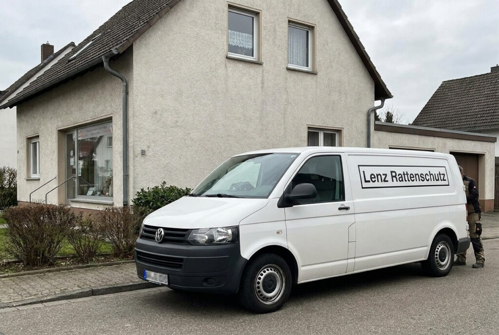 Servicefahrzeug von Lenz Rattenschutz vor einem Einsatzort.