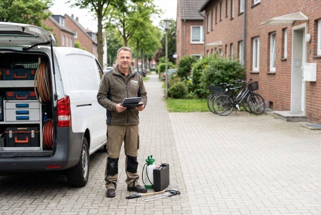Rattenschutz-Techniker mit Serviceausrüstung vor einem Wohngebäude.
